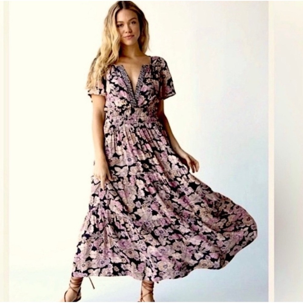 Natural Life Bella Floral Maxi Tiered V-Neck Puff Sleeve Rayon Dress Pink Gray M
